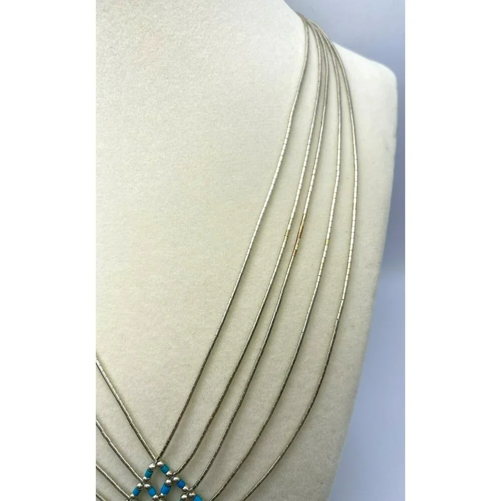 Native American Liquid Silver Woven Turquoise Beaded Necklace 18" Vintage 17.4g - Picture 6 of 9